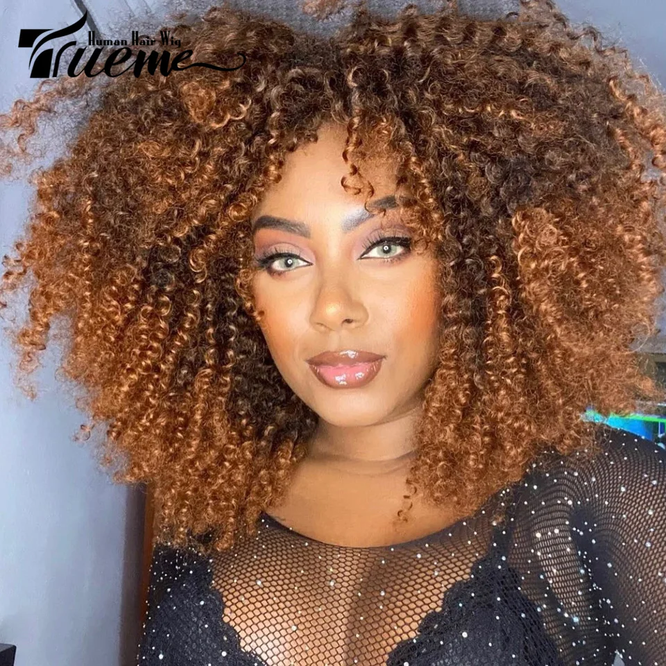 

Trueme Afro Kinky Curly Human Hair Wigs Ombre Highlight Bob Human Hair Wig With Bangs Colored Brazilian Curly Bob Wig For Women