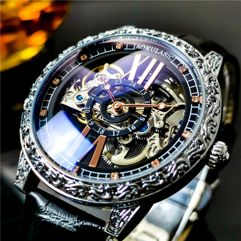 

AOKULASIC Fashion Casual Men's Watches Leather Band Mechanical Carved Hollow Tourbillon Wristwatches Men montre homme dropship
