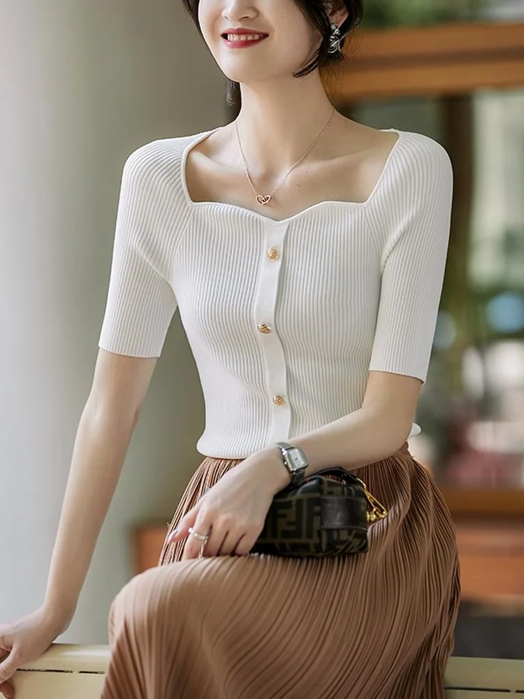 TuangBiang Summer 2022 Button Women Pullover Square Collar Short Sleeve Knitted T-Shirt Ladies Cotton Loose Elasticity Thin Tops
TuangBiang Summer 2022 Button Women Pullover Square Collar Short Sleeve Knitted T-Shirt Ladies Cotton Loose Elasticity Thin Tops