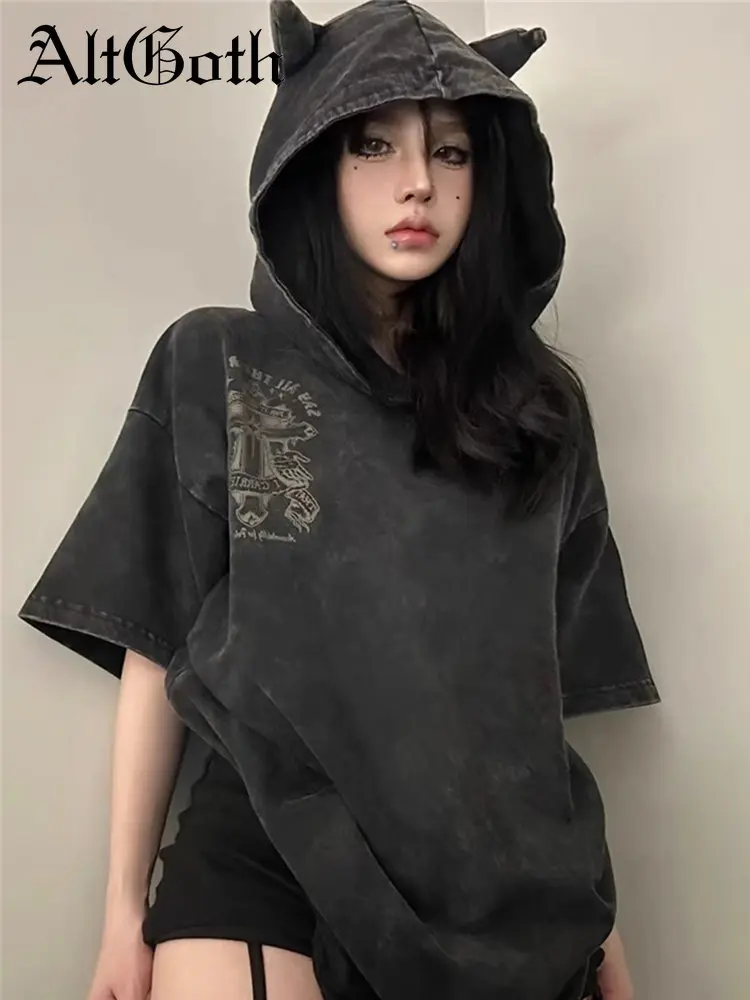 

AltGoth Harajuku Gothic Devil Horn T-shirt Women Vintage Streetwear Cyber Punk Y2k Emo Printed Hole Short Sleeve Hooded Tee Tops