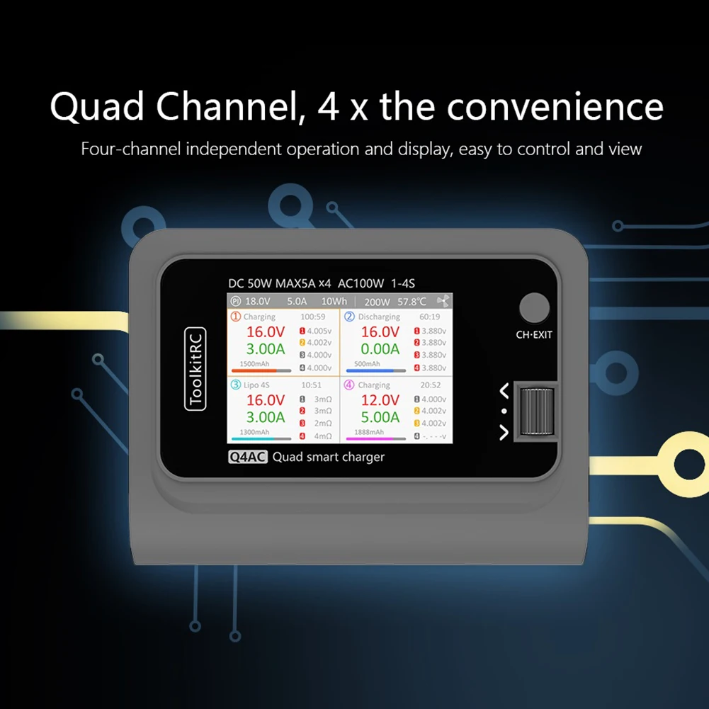 Умное зарядное устройство ToolkitRC Q4AC 4x50 Вт 5A 1-4S Lipo AC 100 Вт DC с 4-канальным выходом интерфейса XT30 / XT60
Умное зарядное устройство ToolkitRC Q4AC 4x50 Вт 5A 1-4S Lipo AC 100 Вт DC с 4-канальным выходом интерфейса XT30 / XT60