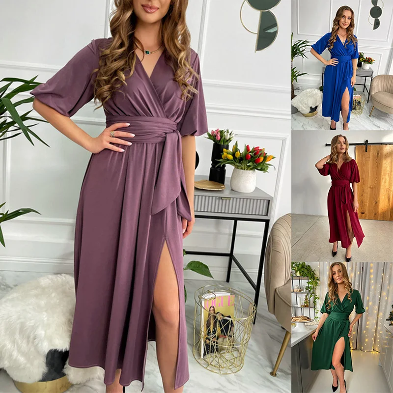 Summer women dress Casual v-neck waist lace-up split asymmetrical slim midi dress 2023 green red blue clothes
Summer women dress Casual v-neck waist lace-up split asymmetrical slim midi dress 2023 green red blue clothes