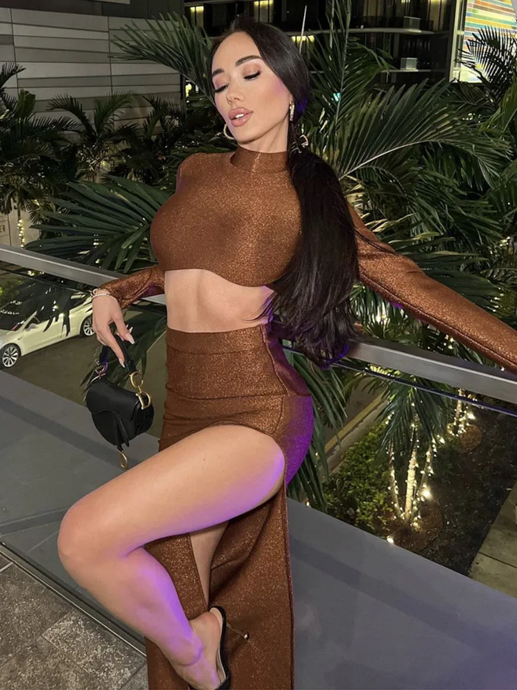 Women Skirt Suits Sexy Long Sleeve Sparkly Mesh Brown Two Piece Maxi Bandage Set 2022 Celebrity Evening Party Women's Set
Women Skirt Suits Sexy Long Sleeve Sparkly Mesh Brown Two Piece Maxi Bandage Set 2022 Celebrity Evening Party Women's Set