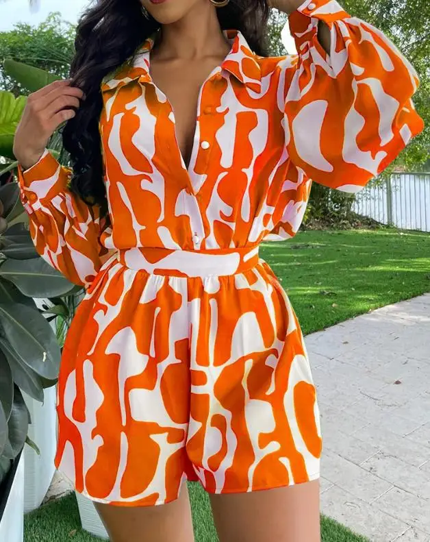 Two Piece Set Women Outfit 2023 Summer Fashion Abstract Print Lantern Sleeve Turn-Down Collar Top & Casual High Waist Shorts Set
Two Piece Set Women Outfit 2023 Summer Fashion Abstract Print Lantern Sleeve Turn-Down Collar Top & Casual High Waist Shorts Set