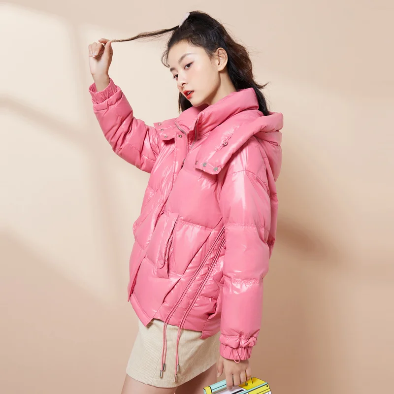 

2023 New Winter Female Glossy Solid Short Puffer Jackets Women White Duck Down Coat Thicken Warm Hooded Oversize Ladies Overcoat