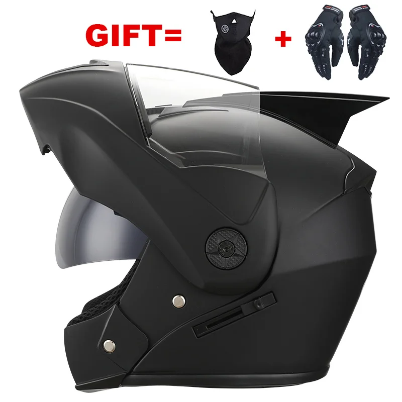 

Мотоциклетный шлем, модульный электрический шлем для мотокросса, с откидной крышкой, двойные линзы с ушами, для мужчин и женщин, черный