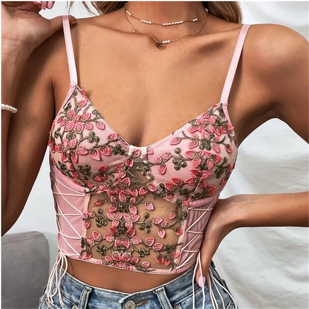 2022 Summer Women Sexy Push Up Pink Crop Top Elegant Flower Embroidery V-Neck See-Through Camis Spaghetti Straps Tie-Up Tank
2022 Summer Women Sexy Push Up Pink Crop Top Elegant Flower Embroidery V-Neck See-Through Camis Spaghetti Straps Tie-Up Tank