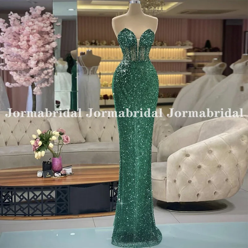 

Emerald Green Sparkly Lace Evening Dresses for Women Plunging V-neck See Through Bodice Long Mermaid Sequin Prom Gown Party Wear