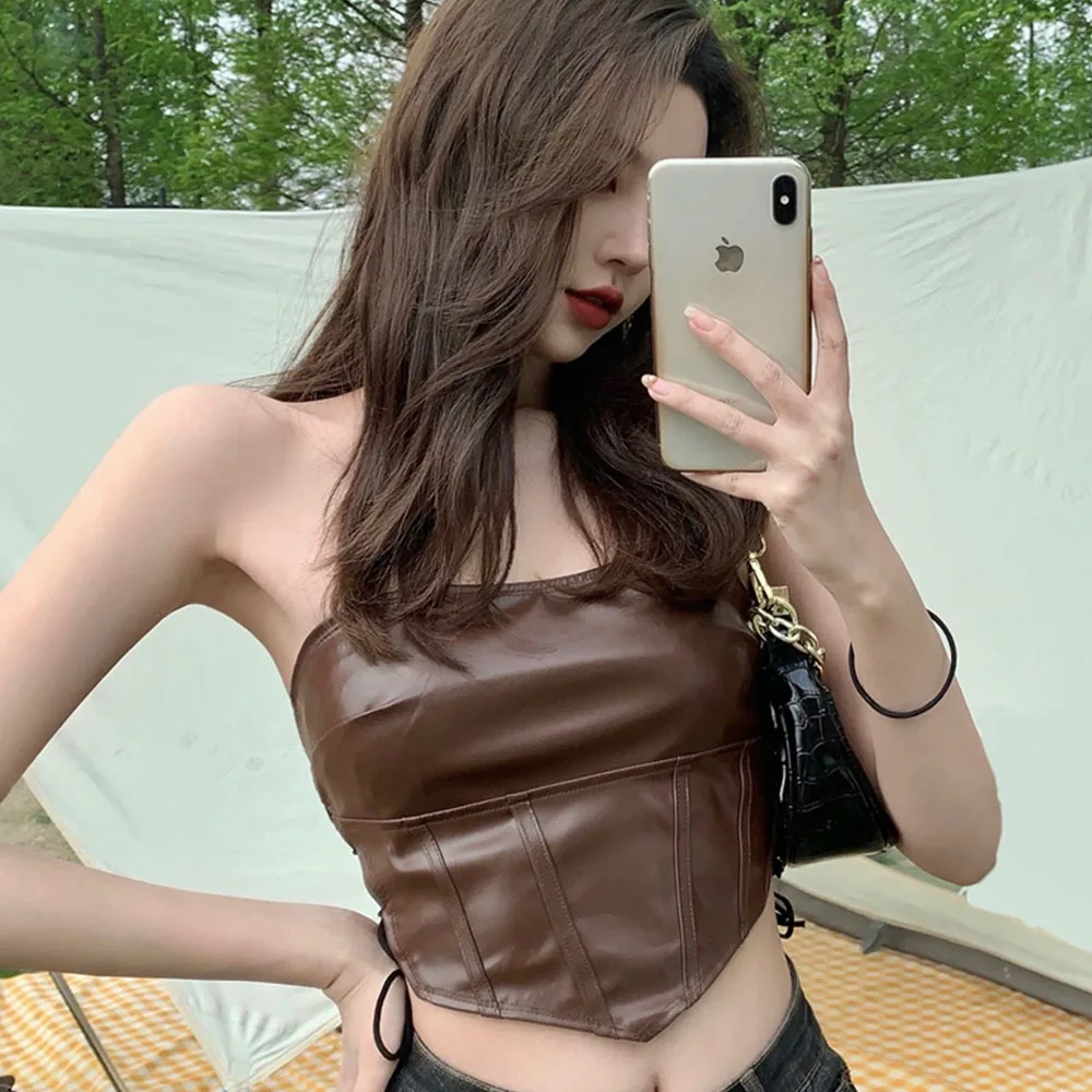 Sexy Punk Y2K Black Lacing PU Leather Tank Top Women Strapless Backless Camisole Summer Bodycon Camis Sleeveless Tank Tube Top
Sexy Punk Y2K Black Lacing PU Leather Tank Top Women Strapless Backless Camisole Summer Bodycon Camis Sleeveless Tank Tube Top