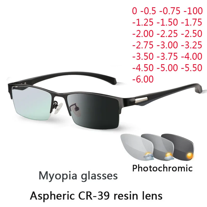 

New Sun Photochromic Myopia Eyeglasses Optical Men student Finished Myopia Eyewear prescription Glasses Frame Half Rim -1.0 -4.0