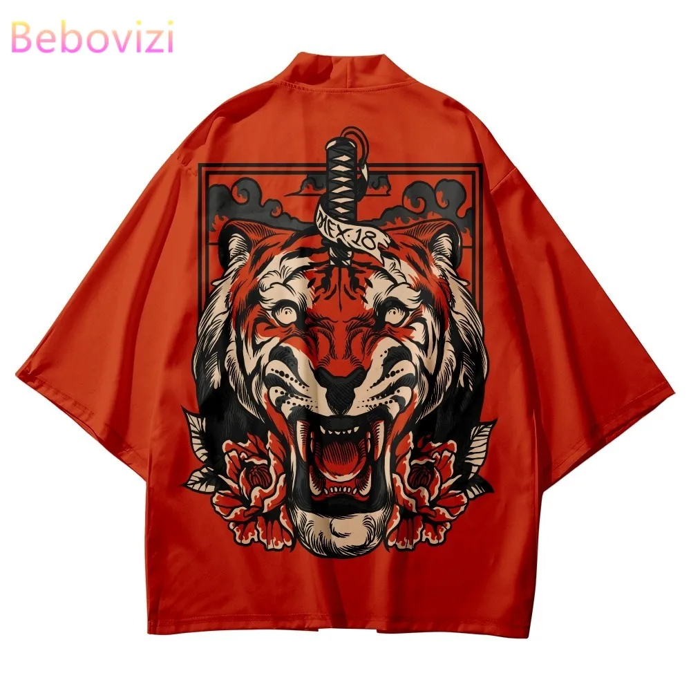 

Red Tiger Sword Print Shirts Coat Traditional Kimono Men Women Yukata Japanese Style Plus Size Cardigan Cosplay Haori Clothing