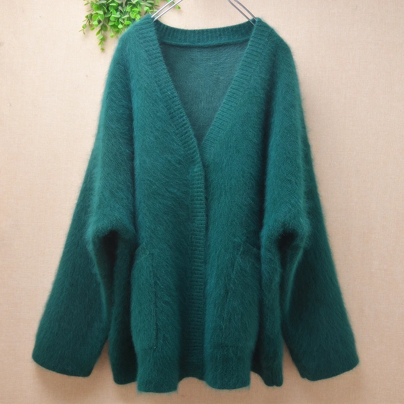 

Female Women Fall Winter Clothing Green Hairy Angora Rabbit Hair Knitwear V-Neck Long Sleeves Loose Cardigans Jacket Sweater Top