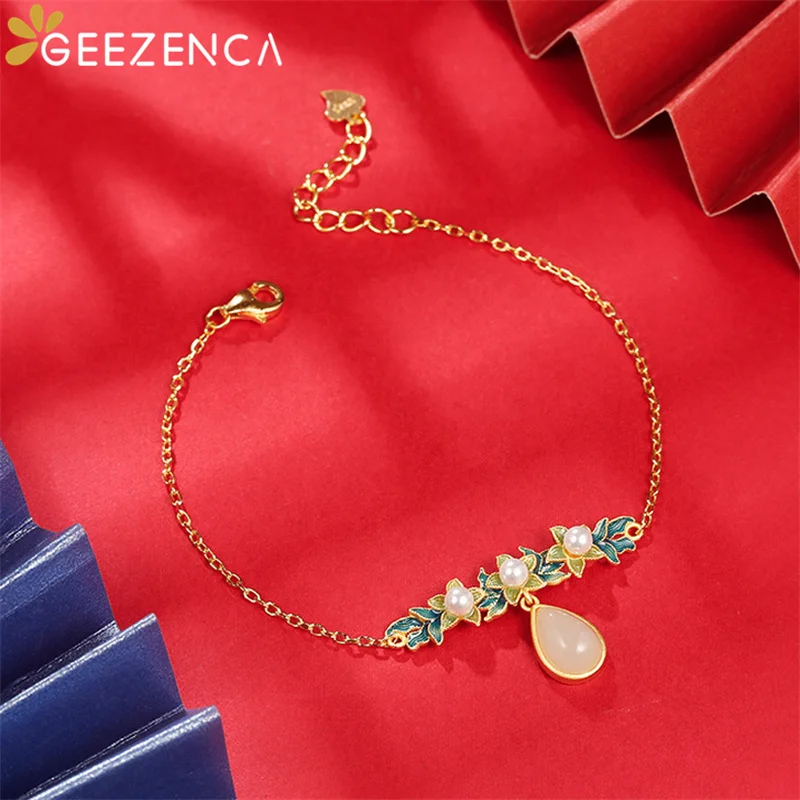 

GEEZENCA 925 Sterling Silver Gold Plated Enamel Jasmine Jade Tassel Bracelet For Women Vintage Romantic Flower Bracelets Gift