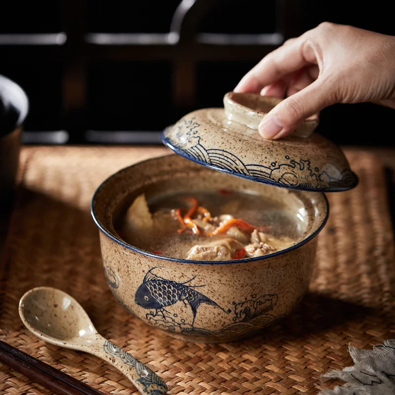 

Японская миска для рамен с крышкой в стиле ретро, керамическая большая емкость, миски для лапши, салата, супа, бытовые кухонные принадлежности