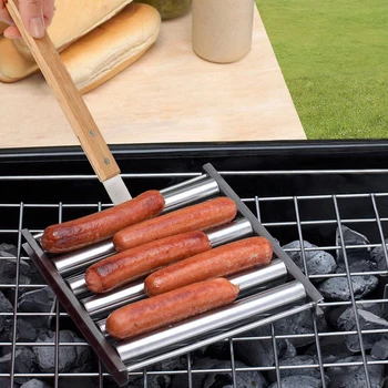 Sausage Roller Rack with Wooden Handle Large Size 18cm Stainless Steel Hot Dog Griller Kitchen BBQ Cooking Tool