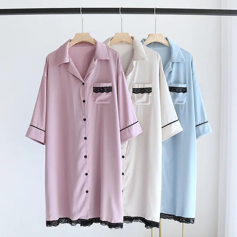Suit Collar Mid-sleeve Nightdress Summer Women Thin Ice Silk Cool Cardigan Bathrobe Lady Loose Over The Knee Midi Dress Nighties
Suit Collar Mid-sleeve Nightdress Summer Women Thin Ice Silk Cool Cardigan Bathrobe Lady Loose Over The Knee Midi Dress Nighties