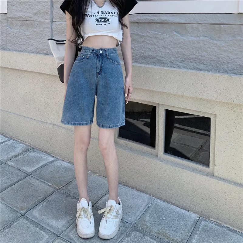 

Women's Summer Denim Shorts Blue Y2k Fashion High Waisted Loose Korean Version Straight Fifth Pants Washing Casual Jeans