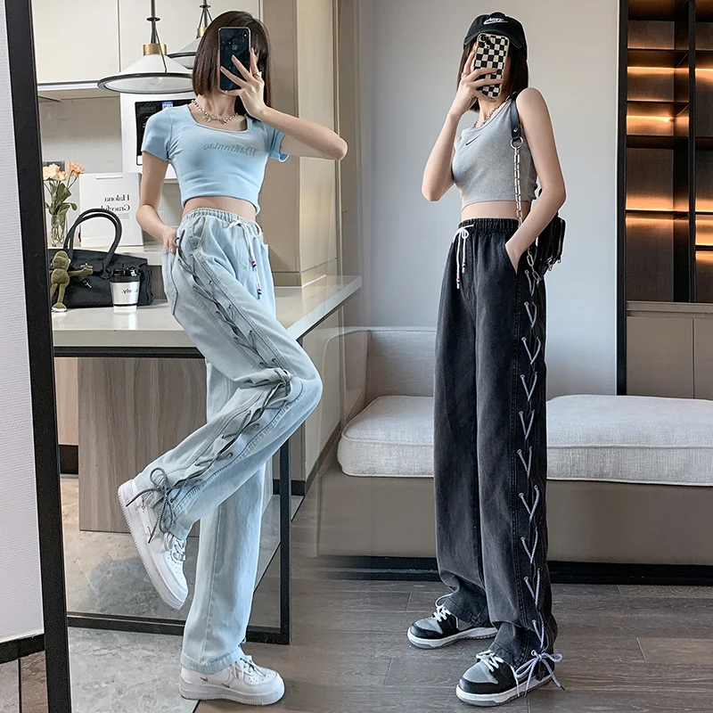 Drawstring Bandage Jeans Women's 2023 New Lace-up Elastic Waist All-match Loose Wide-leg Pant Korean Thin Mopping Straight Pants
Drawstring Bandage Jeans Women's 2023 New Lace-up Elastic Waist All-match Loose Wide-leg Pant Korean Thin Mopping Straight Pants