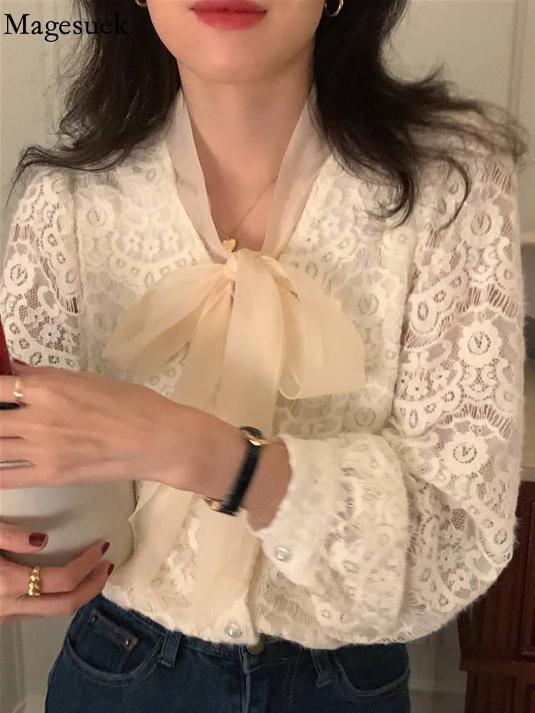 Spring Elegant Bow Tie Sweet Lace Blouse Women Long Sleeve Loose Lady Tops Lace-up 2022 Hollow Out Blusas Mujer Blouse 23049
Spring Elegant Bow Tie Sweet Lace Blouse Women Long Sleeve Loose Lady Tops Lace-up 2022 Hollow Out Blusas Mujer Blouse 23049