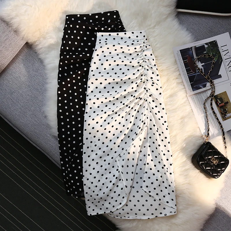 

Syiwidii New Shirring Side Slit Women's Skirts Polka Dot Print White High Waist Back Elastic Band Elegant Ladies Midi Long Skirt