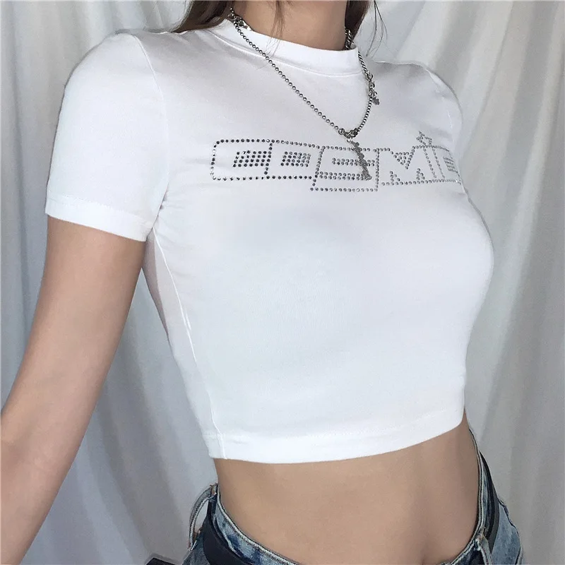 2021 Y2K Short Sleeve Cropped Tops Hot Diamond Rhinestone Universe Letter T-shirt Belly Button Button Slim Vest Club Street Wear
2021 Y2K Short Sleeve Cropped Tops Hot Diamond Rhinestone Universe Letter T-shirt Belly Button Button Slim Vest Club Street Wear