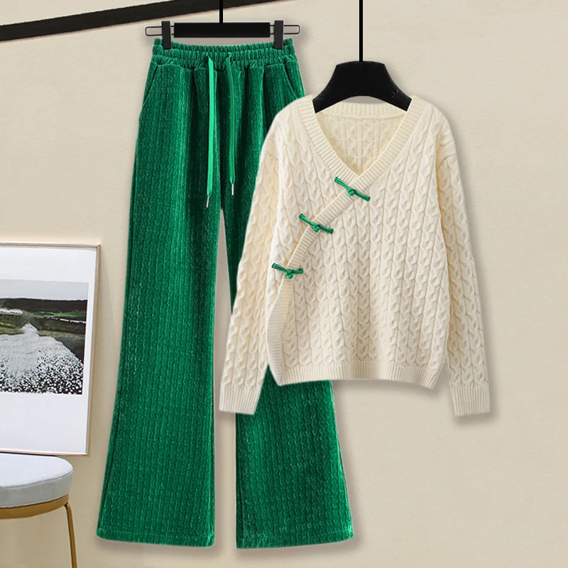 Buttoned Twist Sweater Women's Clothing Loose Knitted Pullover Top Elastic High Waist Wide Leg Casual Pants Two-piece Suit D1929
Buttoned Twist Sweater Women's Clothing Loose Knitted Pullover Top Elastic High Waist Wide Leg Casual Pants Two-piece Suit D1929