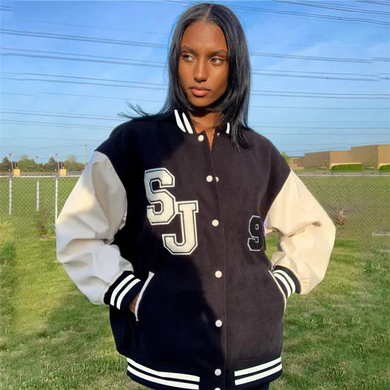 Black 2021 Autumn Winter Oversized Baseball Jacket Varsity Bomber Women Long Sleeve Patchwork Letter Print Coat Fashion Jackets
Black 2021 Autumn Winter Oversized Baseball Jacket Varsity Bomber Women Long Sleeve Patchwork Letter Print Coat Fashion Jackets