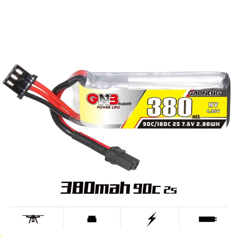 6 шт. Gaoneng GNB 380 мАч 2S 7,6 В 90C/180C HV 4,35 в литий-полимерный аккумулятор с разъемом XT30 для FPV радиоуправляемого гоночного дрона четырехосевого квадрокоптера
6 шт. Gaoneng GNB 380 мАч 2S 7,6 В 90C/180C HV 4,35 в литий-полимерный аккумулятор с разъемом XT30 для FPV радиоуправляемого гоночного дрона четырехосевого квадрокоптера