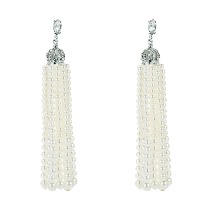 

Trendy Simulated-Pearl Long Tassel Dangle Earrings For Women Fashion Crystal Water Drop Statement Earring