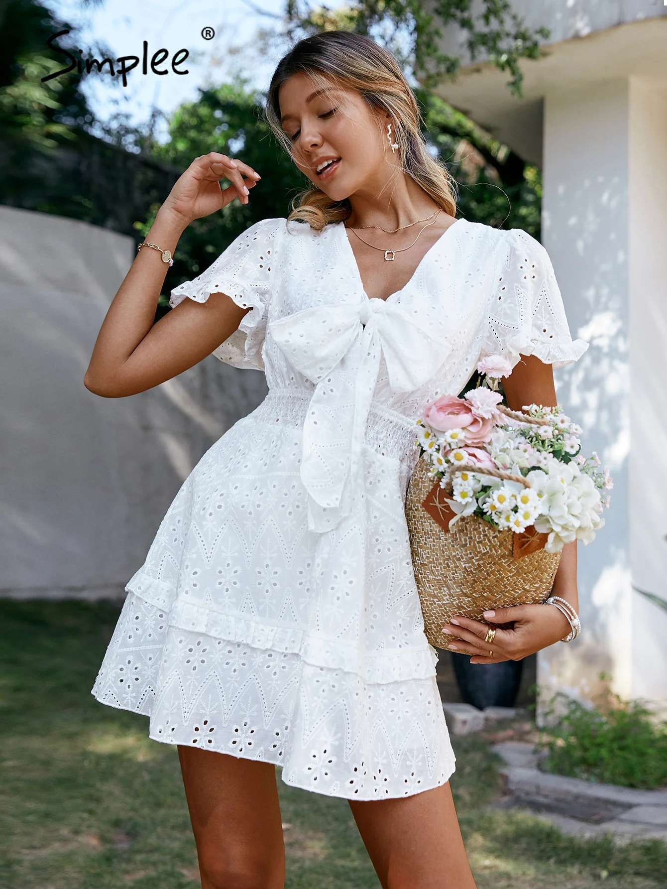 Simplee Cotton hollow out puff short sleeve women summer dress Holiday white bow beach mini sundress A-line 2022 mujer vestidos
Simplee Cotton hollow out puff short sleeve women summer dress Holiday white bow beach mini sundress A-line 2022 mujer vestidos