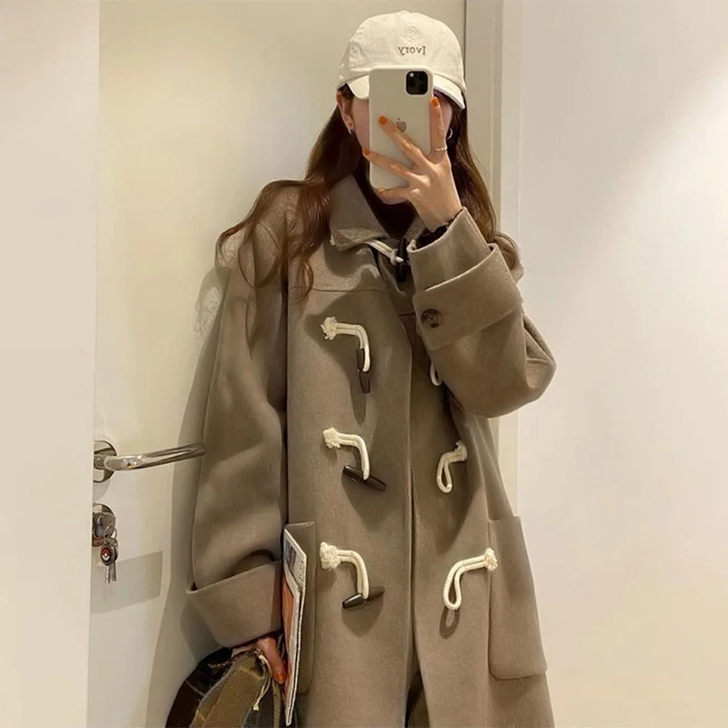 

College Style Japanese Lovely Woolen Coat Medium Length Ox Horn Buckle Student JK Coat Camel Winter Coat 2022 Autumn Winter New