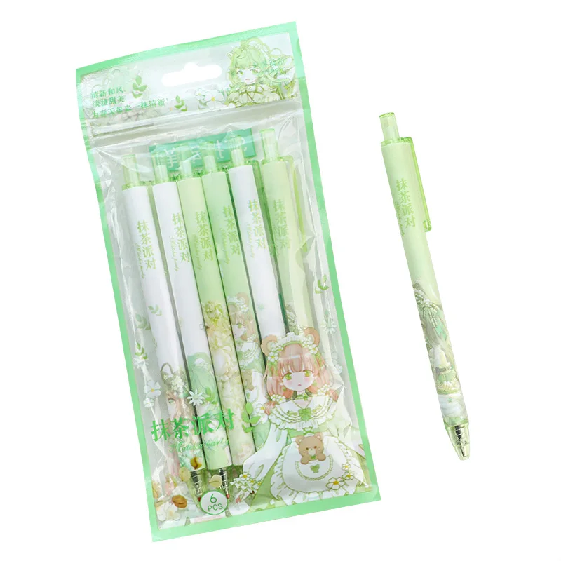 

6pcs matcha press neutral pen student exam quick-drying water-based pen black signature pen office stationery