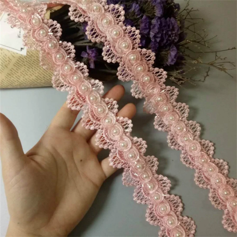 

1 yard Pink Pearl Beaded DIY Flower Embroidered Lace Trim Ribbon Floral Applique Patches Wedding Dress Fabric Sewing Craft