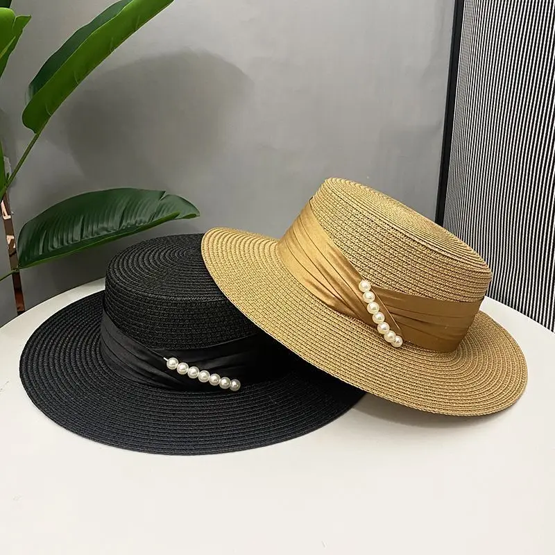 

Шляпа от солнца в британском стиле для женщин, элегантная Соломенная Панама с жемчужинами, плоским верхом и широкими полями, с защитой от ультрафиолета, в стиле ретро, лето