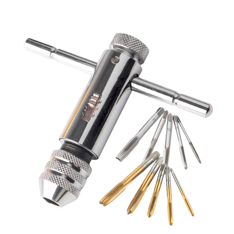 Adjustable Silver T-Handle Ratchet Tap Holder Wrench with 5pcs M3-M8 3mm-8mm Machine Screw Thread Metric Plug T-shaped Tap
Adjustable Silver T-Handle Ratchet Tap Holder Wrench with 5pcs M3-M8 3mm-8mm Machine Screw Thread Metric Plug T-shaped Tap