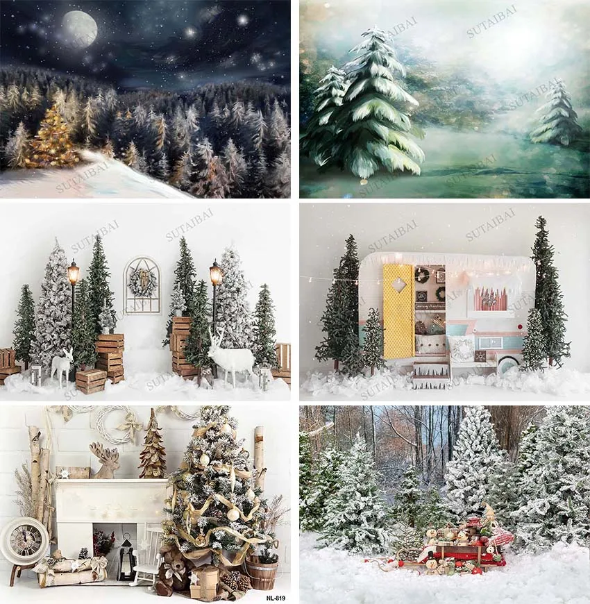 

Christmas Room Photography Backdrop Winter Window Snow Wonderland Fireplace Xmas Trees Portrait Photo Background Santa Gifts