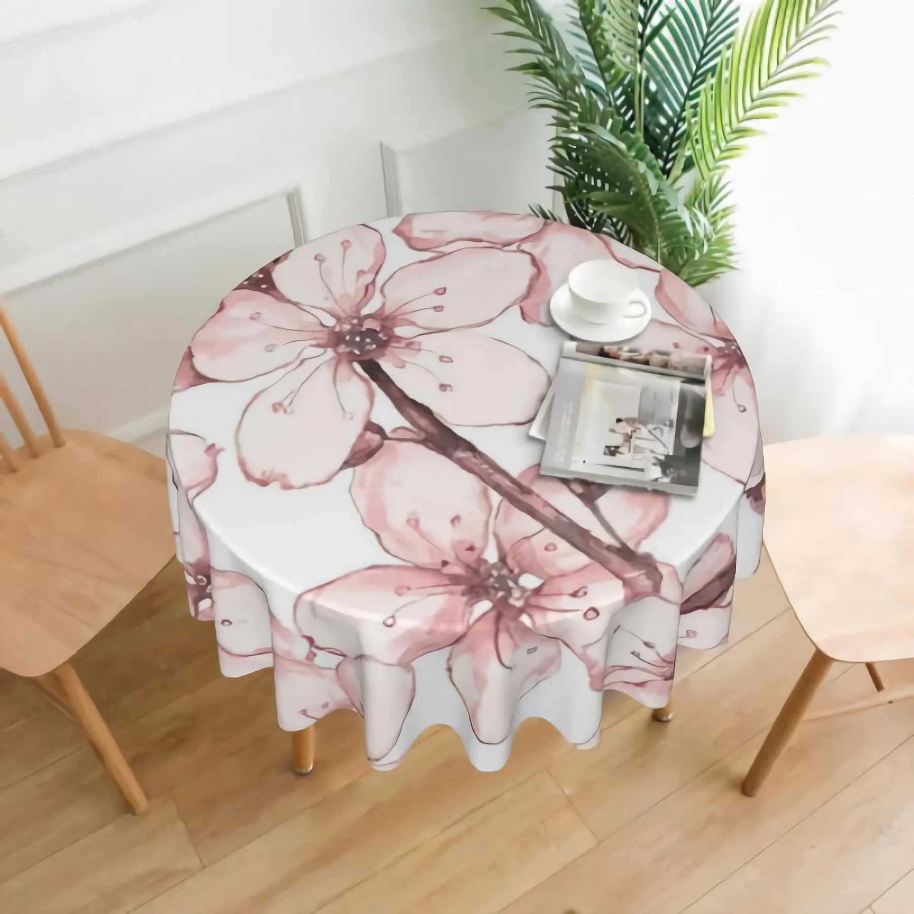 

Cherry Blossom Round Tablecloth Waterproof Reusable Fabric Circle Table Cover for Kitchen Picnic Party Banquet Decor 60 Inch