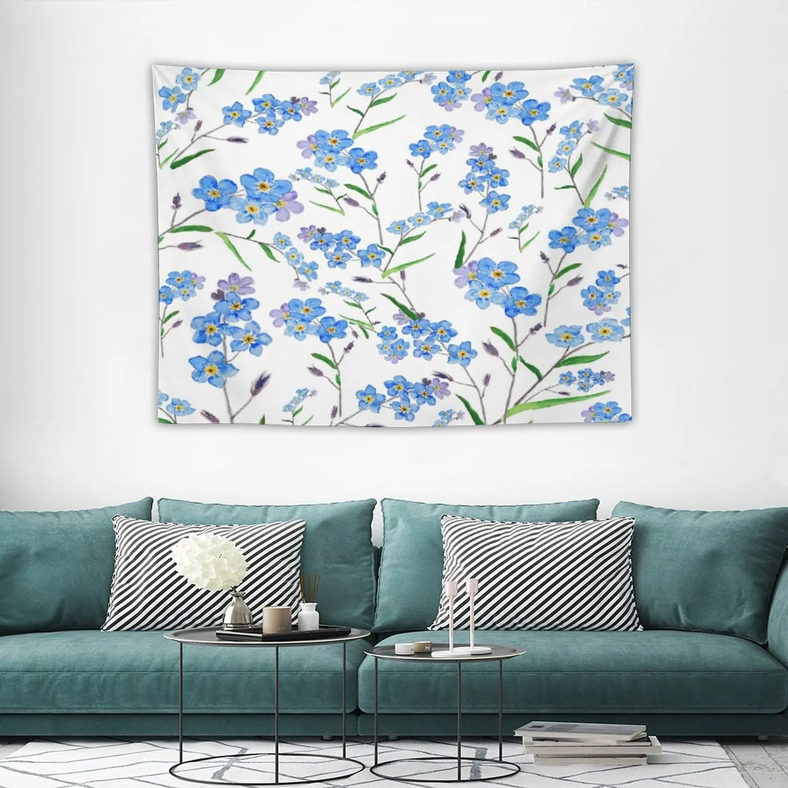 

Egyptian Blue Forget Me Not Pattern Watercolor Tapestry Japanese Room Decor Myth Cloth Ex Tapestry Wall Hanging Decoration Bedro