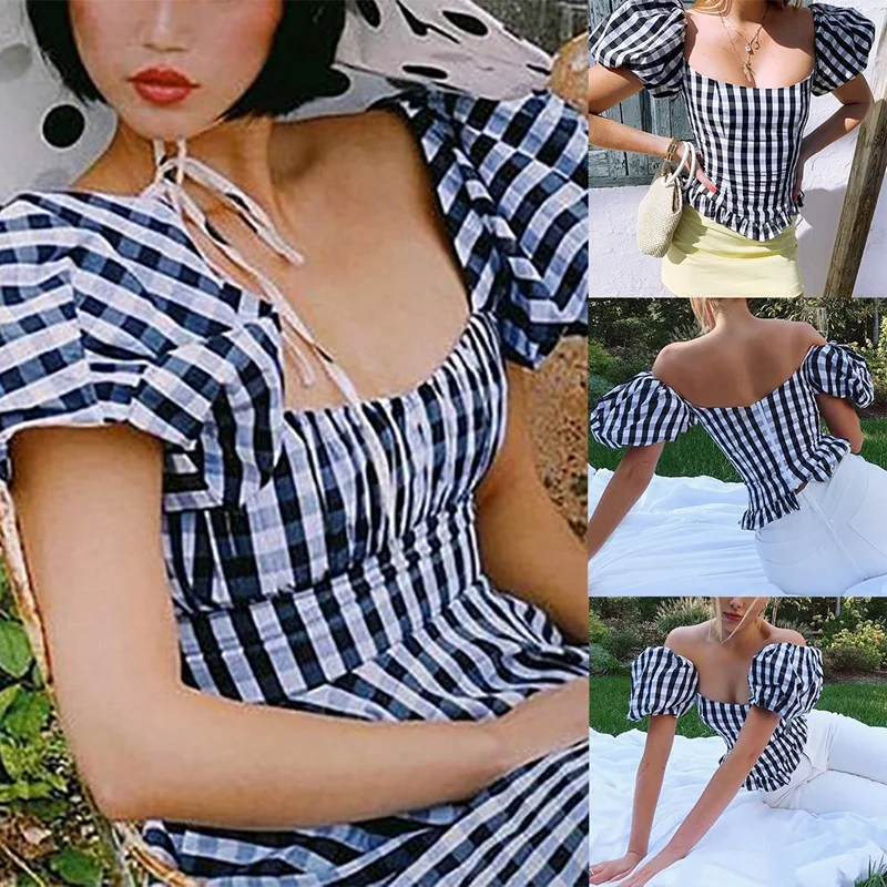 Women's Fashion Sexy Plaid Puff Sleeve Slim One-Neck Short Sleeve T-Shirt Tops Black
Women's Fashion Sexy Plaid Puff Sleeve Slim One-Neck Short Sleeve T-Shirt Tops Black