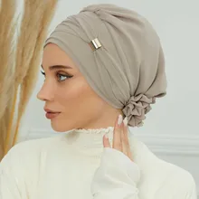 Plain Muslim Instant Turban Hat Inner Hijabs Caps Women Islamic Bandana Bonnet India Hats Female Headwrap Turbante Mujer Flower