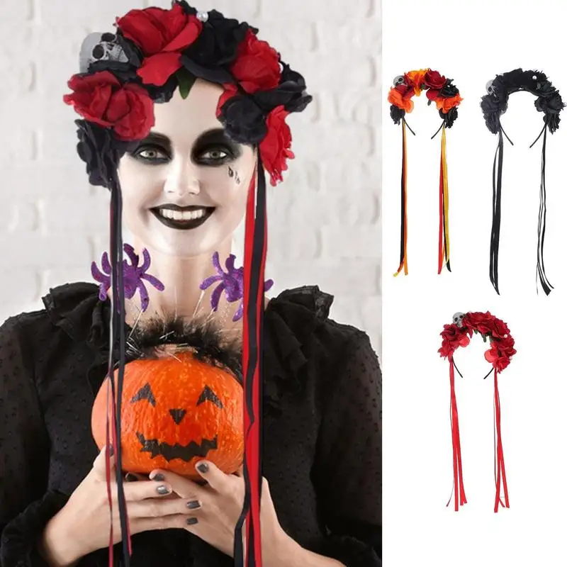 

Хэллоуин, роза, искусственный череп, Жемчужная Повязка на голову с розой и лентами, реалистичный загадочный головной убор для церемонии, портативный