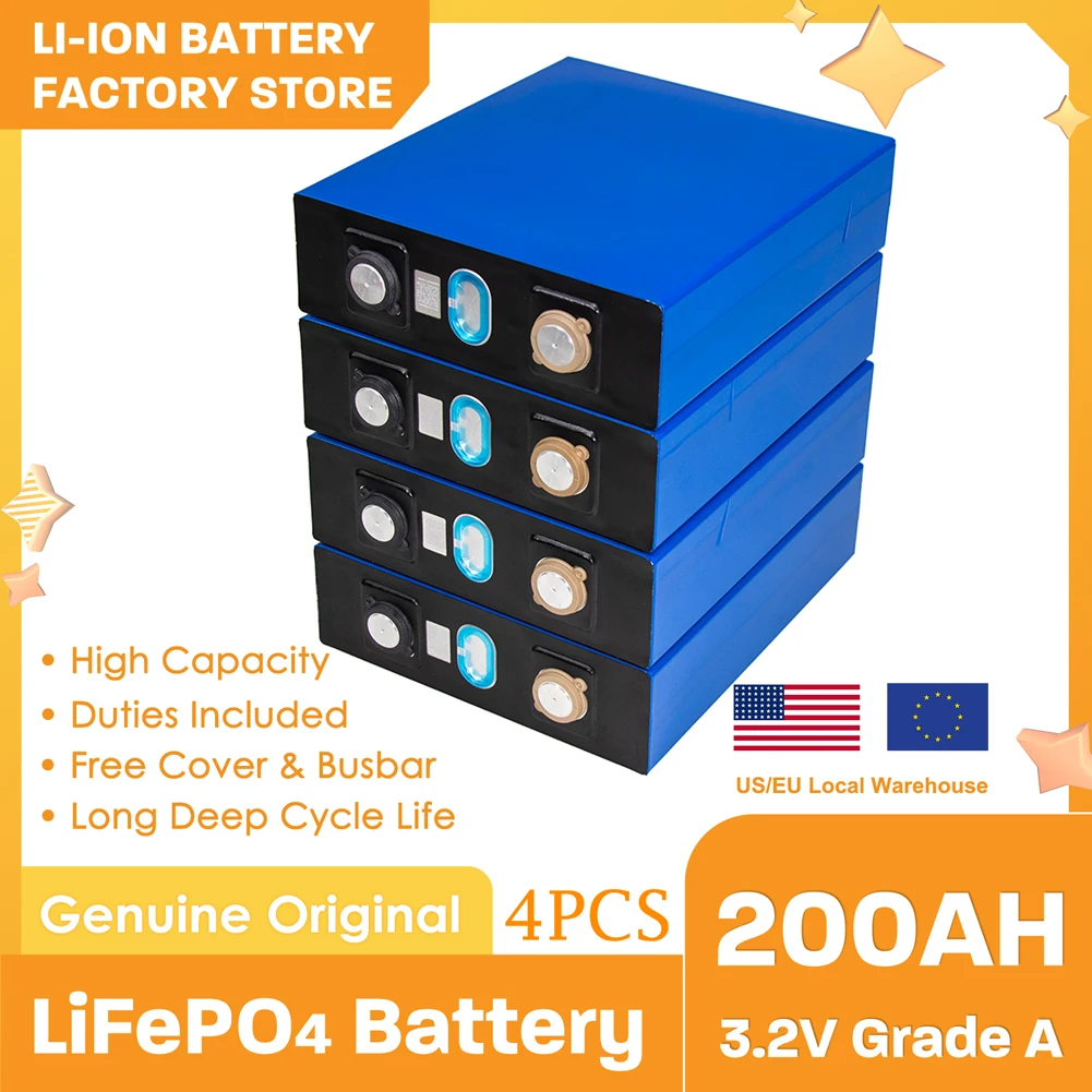 4PCS Lifepo4 3.2V 200AH Rechargeable Deep Cycle Battery Fully Match Lithium Iron Phosphate Cell DIY Solar Energy Storage
4PCS Lifepo4 3.2V 200AH Rechargeable Deep Cycle Battery Fully Match Lithium Iron Phosphate Cell DIY Solar Energy Storage