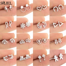 Mini Stainless Steel Earrings for Women Kids Geometric Cat Fish Crown Heart Key Face Earring Korean Star Moon Studs Jewelry Gift