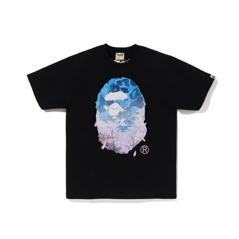 

A BATHING APE BAPE ASIA Size trendy blue ape-man red cherry blossoms 230g double-yarn cotton short-sleeved T-shirt in summer