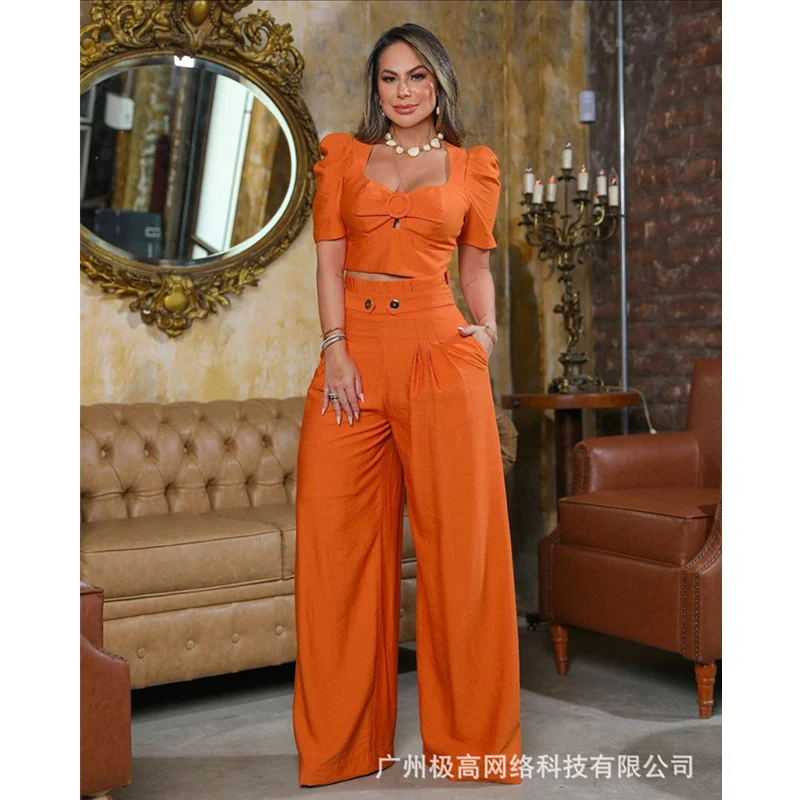 Женский спортивный костюм из двух предметов, элегантный короткий топ с пышными рукавами и широкие брюки с высокой талией
Женский спортивный костюм из двух предметов, элегантный короткий топ с пышными рукавами и широкие брюки с высокой талией