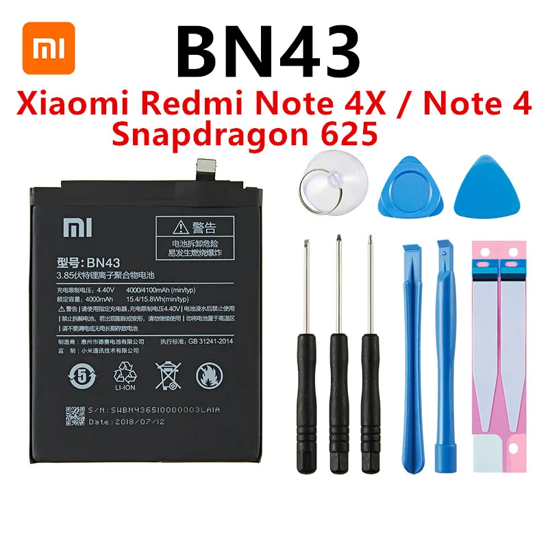 100% Оригинальный аккумулятор BN43 4000 мАч для Xiaomi Redmi Note 4X / 4 global Snapdragon 625