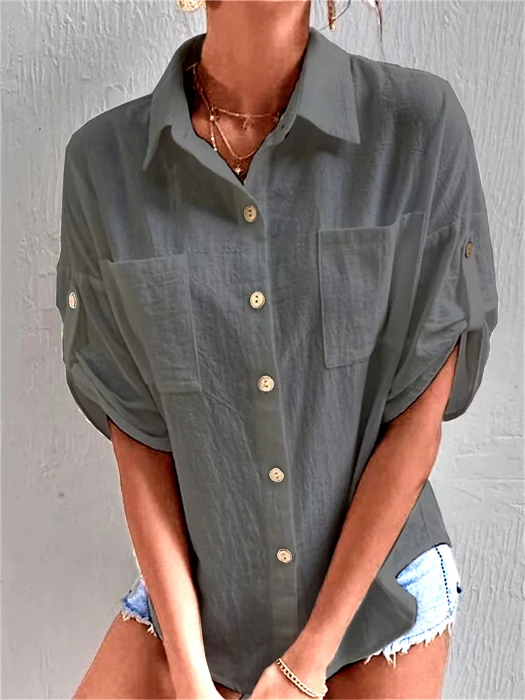 Cotton Linen Shirt for Women 2023 New Fashion Turn Down Collar Half Sleeve Pockets Chic Blouse Ladies Casual White Top 
Cotton Linen Shirt for Women 2023 New Fashion Turn Down Collar Half Sleeve Pockets Chic Blouse Ladies Casual White Top