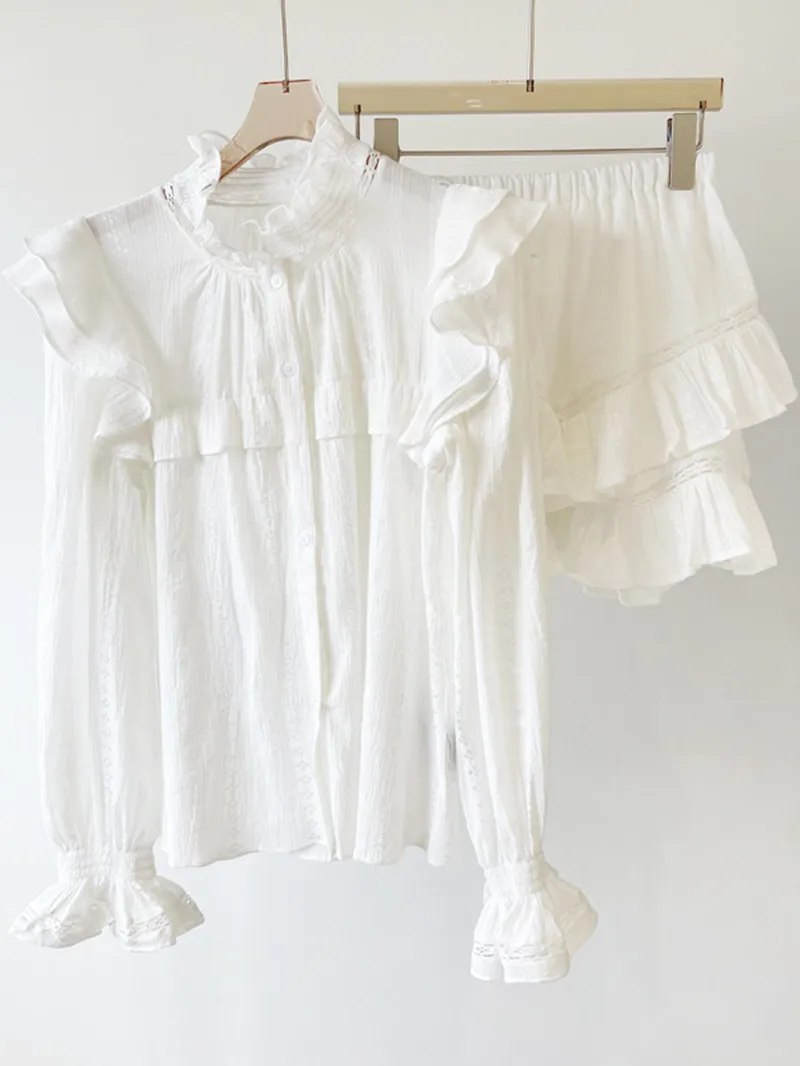 Women's Single-Breasted Shirt or Elastic Waist Skirt Set Ladies Ruffles Stand-Up Collar Lace Stitching Elegant Blouse 2022 New
Women's Single-Breasted Shirt or Elastic Waist Skirt Set Ladies Ruffles Stand-Up Collar Lace Stitching Elegant Blouse 2022 New