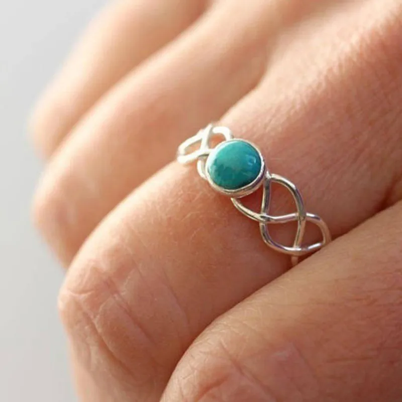 

New Vintage Turquoise Stone Women's Ring Bohemian Style Silver Color Hollow Creative Jewelry Anniversary Gift