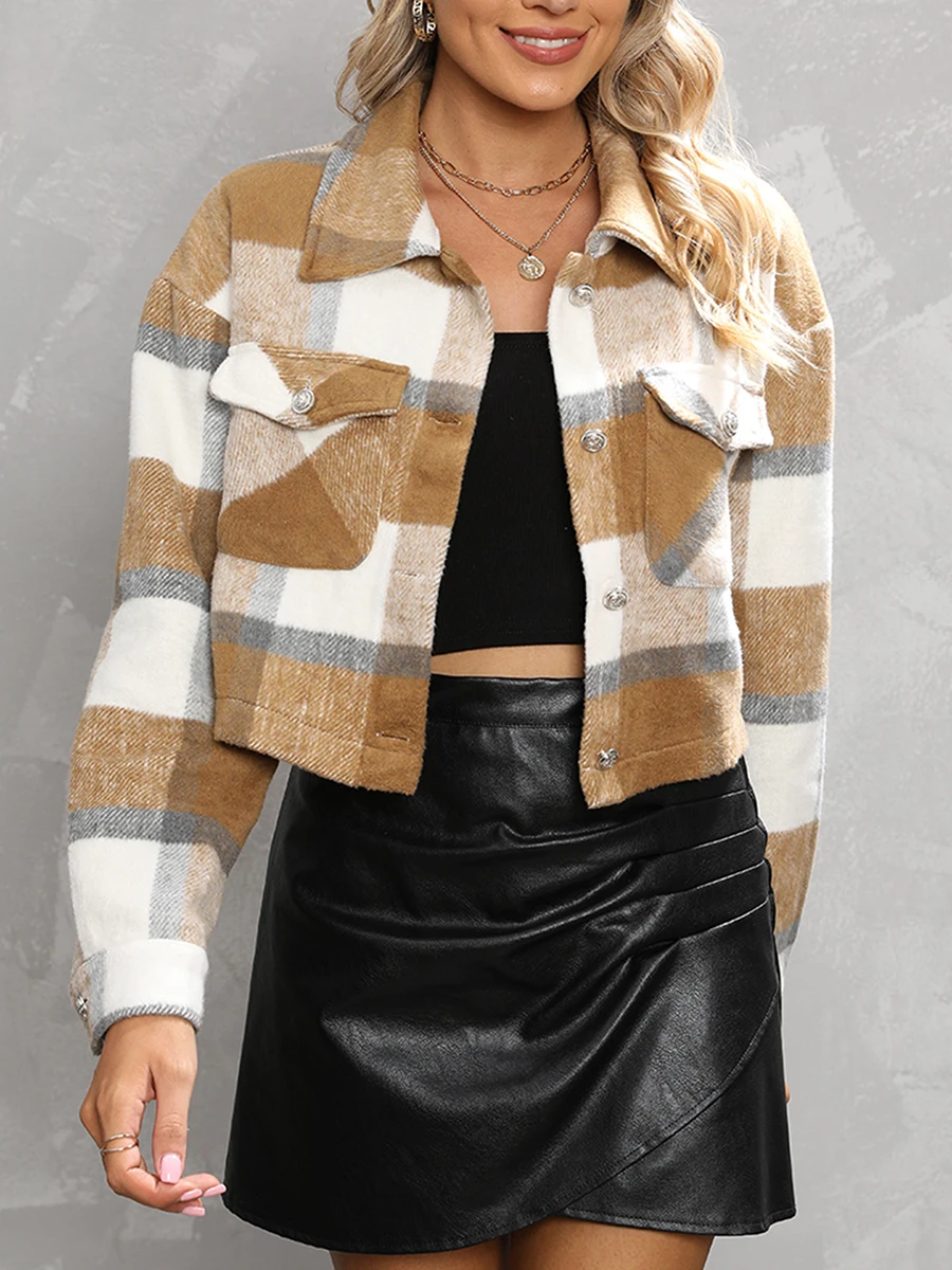 Women Fashion Woolen Short Coat Plaid Turn-Down Collar Long Sleeve Outerwear Autumn Winter Single-Breasted Pockets Jackets
Women Fashion Woolen Short Coat Plaid Turn-Down Collar Long Sleeve Outerwear Autumn Winter Single-Breasted Pockets Jackets